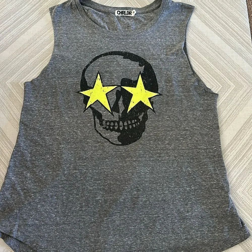 Chrldr Skull with Neon Yellow Stars Grey Tank Top